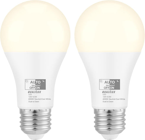 Dusk to Dawn Light Bulbs 4000K Cool White (Neutral White), 850LM, 60W Equivalent, LED 9.5W, A19, E26 Base, 2-Pack, HQ-H013...