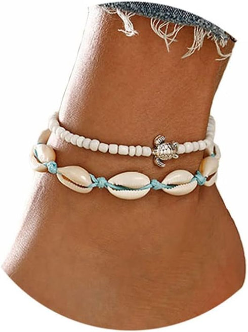 Boho Turtle Layered Shell Anklet Set Silver Ankle Bracelets Beaded Foot Chain Beach Foot Jewelry Accessories for Women summer gifts...