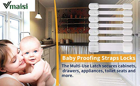 12 Pack Vmaisi Multi-Use Adhesive Straps Locks - Childproofing Baby Proofing Cabinet Latches for Drawers, Fridge, Dishwasher, Toilet Seat, Cupboar...
