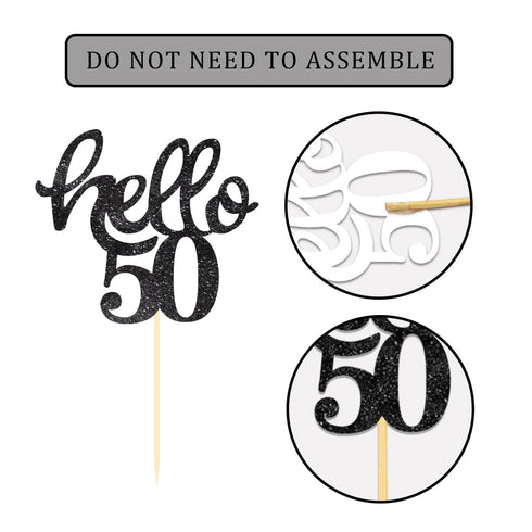 24 Pcs Black Glitter 50th Birthday Cupcake Toppers for 50th Birthday Celebrating Party Decorations...