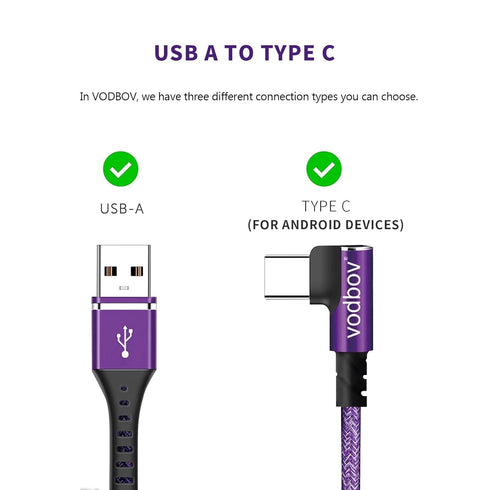 USB-C Cable 3-Pack 1ft 3ft 6ft Right Angle USB to USB-C 90 Degree Braided Data Sync Transfer Cord Purple...