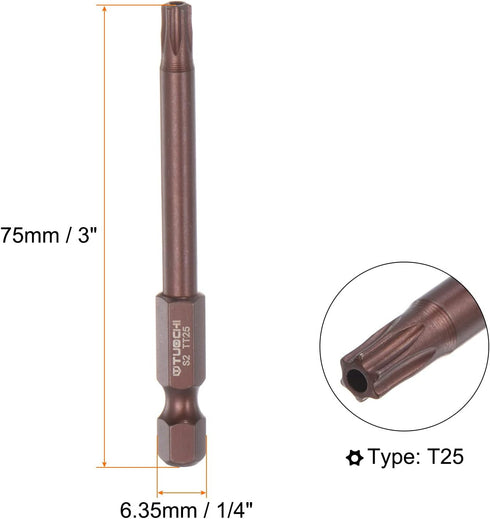 2pcs T25 Torx Bit 1/4" Hex Shank 3" Length Magnetic Security Star Screwdriver Power Tool, Red...