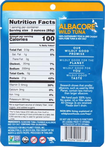 Wild Planet Wild Albacore Tuna, Sea Salt, Sustainably Wild-Caught, Kosher, Gluten Free, Keto and Paleo, 3rd Party Mercury Tested, 3 Ounce Pouch (P...