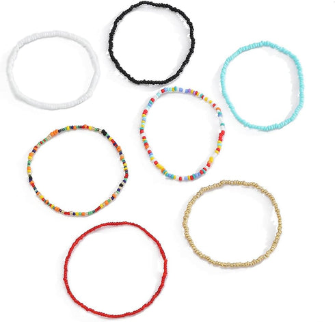 Pingyongchang Boho Handmade Beads African Anklets Set Layered Beach Colorful Stretch Beaded Elastic Foot Hand Chain Anklets Bracelets for Women Je...