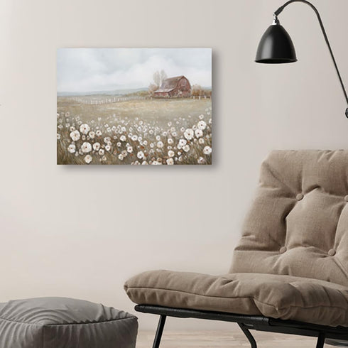 ATELIYISHU Barn Canvas Wall Art Rustic Farmhouse Wall Decor Country Meadow Landscape Painting Sky and Wild Flowers Prints Artwork for Bedroom Kitc...
