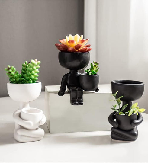 3.94” Creative Cute Imitation Humanoid Ceramic Flower Pot Succulent Planter Crafts Vase Home Decoration Personalized Gift (Black A)...