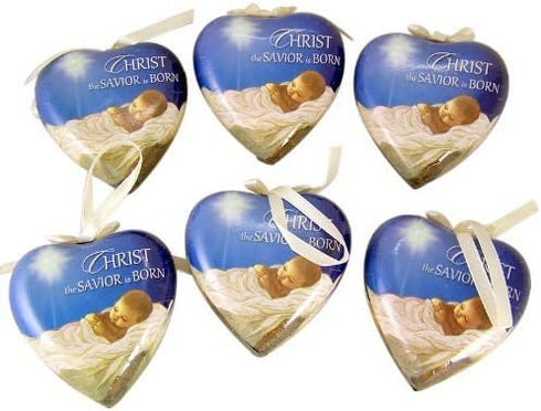 Set of 6! Heart Shaped Christ the Savior is Born Decoupage Christmas Ornament...