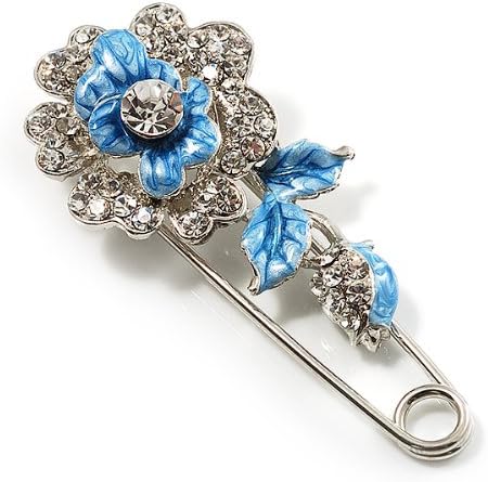 Silver Tone Crystal Rose Safety Pin Brooch (Blue)...