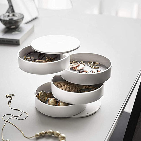 Jewelry Organizer Small Jewelry Storage Box 4-Layer Rotating Travel Jewelry Tray Holder for Women Bracelets Rings Bracelets Earrings (White)...
