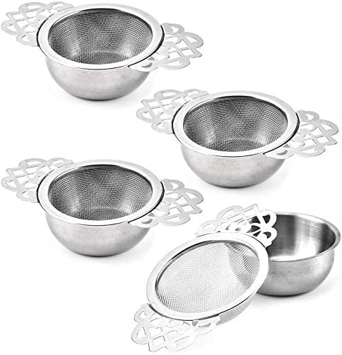4 Set Tea Strainers with Drip Bowls, Loose Leaf Tea Strainers with Double Winged Handles Extra Fine Mesh Tea Infuser Brew Loose Leaf Tea, Spices, ...