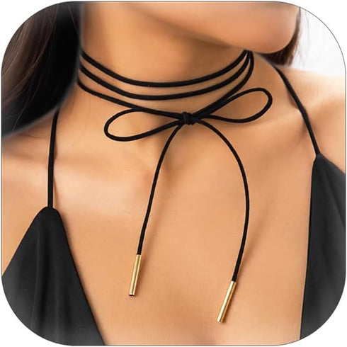 Gothic Bow-knot Velvet Choker Necklace Sexy Long Wrap Rope Collar Tie Neck Chain with Silver Gold Pendant Boho Party Neck Accessories for Women...