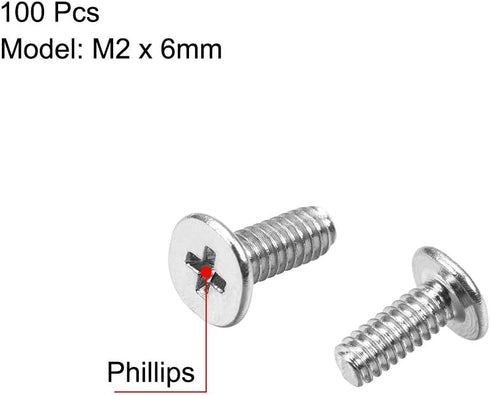 uxcell M2x6mm Phillips Screw Fastener Silver Tone 3.8mm Dia Screw Head for Laptop PC TV Fan Switch 100pcs...