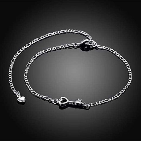 925 Sterling Silver Adjustable Anklet Barefoot Sandal Beach Foot Chain Cute Love Key Zircon Pendant Adjustable Chain Anklet Bracelet...