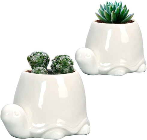 GeLive White Turtle Ceramic Succulent Planter, Tortoise Plant Pot, Windowsill Box, Animal Flower Container, Tabletop Decor with Drainage Hole (Set...