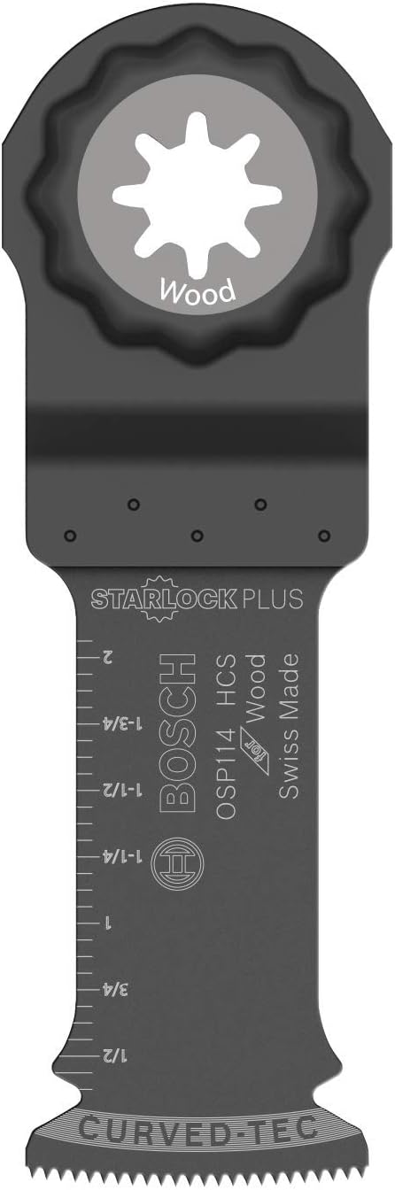 BOSCH OSP114 1-Piece 1-1/4 In. StarlockPlus Oscillating Multi Tool Wood Curved-Tec High-Carbon Steel Plunge Cut Blade for Heavy-Duty General-Purpo...