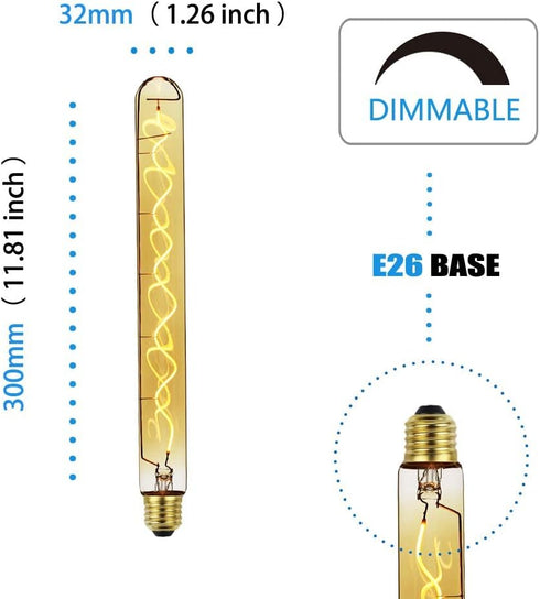 Long Test Tube Spiral Vintage Edison Filament Light Bulb?T10/T32 Medium (E26) Standard Base E27?4W 2200K 240LM Dimmable LED Edison Bulb,40W Equiva...