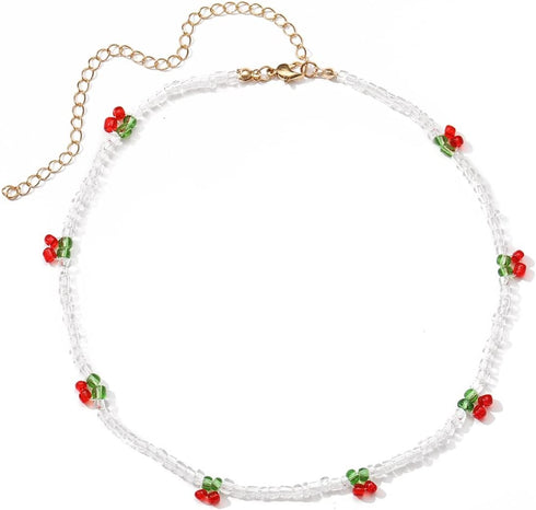 Beaded Cherry Choker Necklace for Women Boho Transparent Beads Cute Shiny Choker...