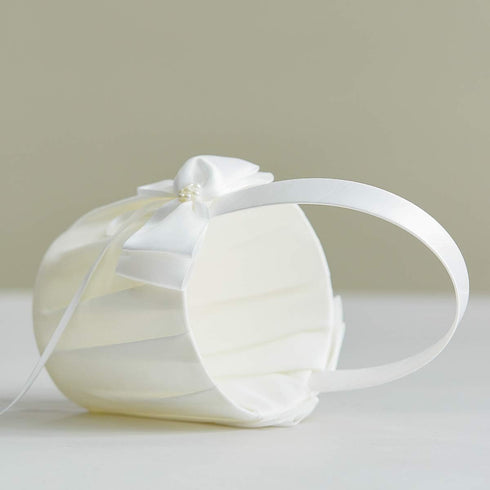 Wedding Flower Girl Basket and Ring Bearer Pillow Set, Simple Bow Pearl Collection - Ivory...