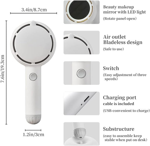 Star Compass Mini Handheld Fan, Battery Operated Rechargeable Portable Fan with LED Light Makeup Mirror, Bladeless Small Personal Fan 3 Speeds Eye...