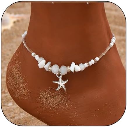 Natural Stone Beaded Anklets Bracelets for Women Summer Starfish Beach Anklets Bracelet Adjustable Waterproof Opal Turquoise Starfish Shell Anklet...