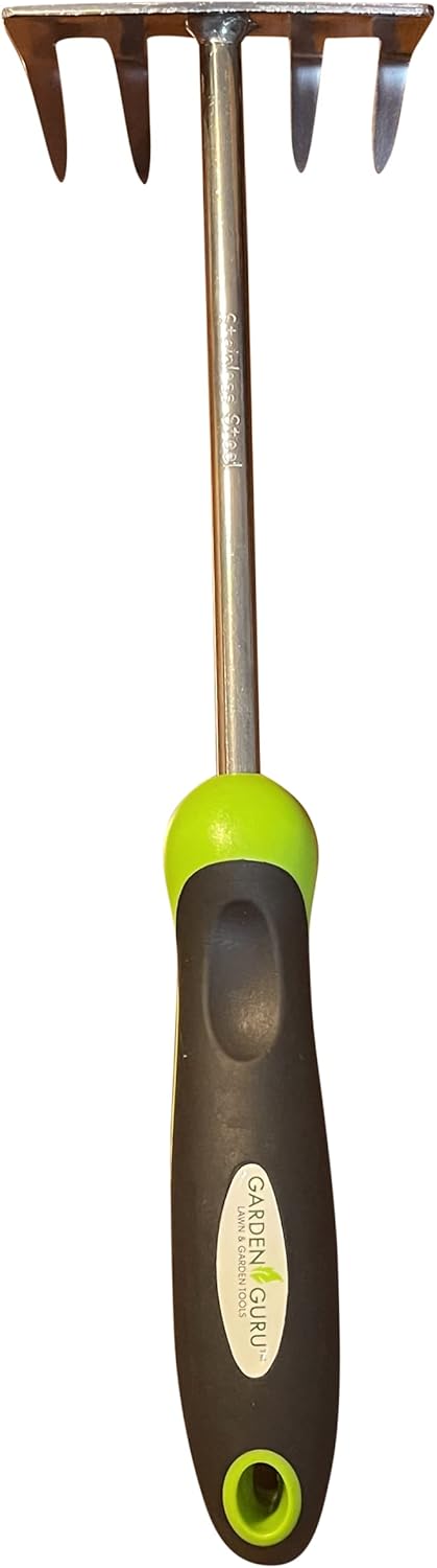 Garden Guru Stainless Steel Hand Rake Cultivator Tiller Tool - Stainless Steel for Ultimate Strength - Rust Resistant - Ergonomic Handle - Great f...