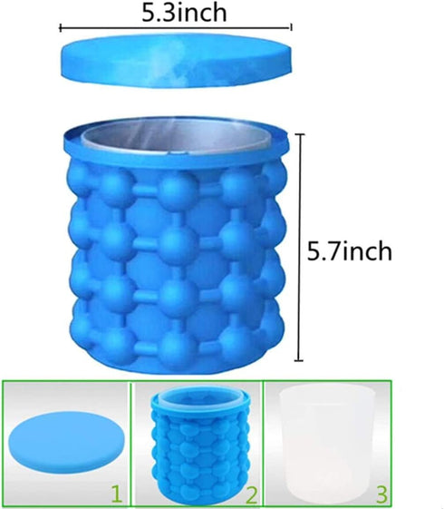 BULUSHI Large 2 in 1 Silicone Ice Bucket & Ice Mold with lid,Silicon Ice Cube Maker Genie, Portable Silicon Ice Cube Maker Blue 13.2X13.2X14CM...