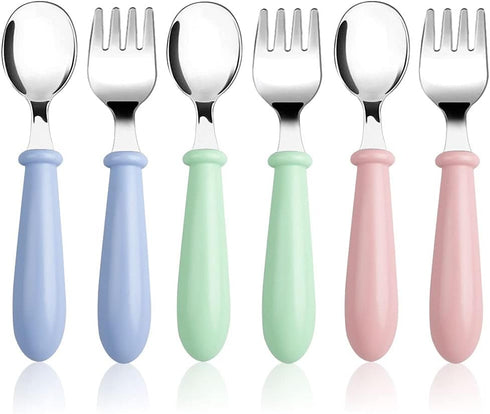 Pimoys 6 Pieces Toddler Utensils Kids Silverware Baby Forks and Spoons Set, Stainless Steel Childrens Safe Flatware Metal Kids Cutlery Set with Ro...