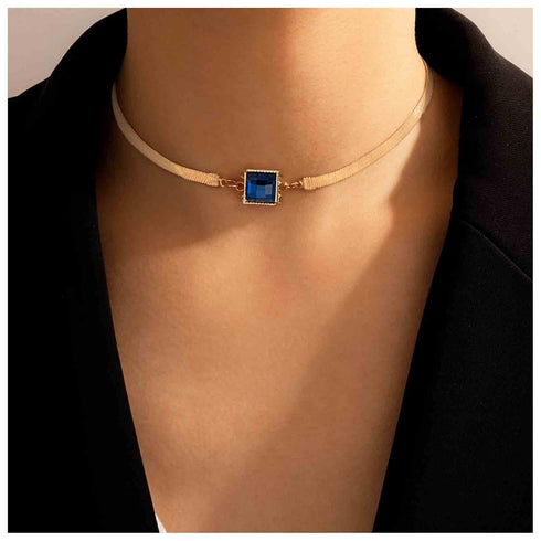 Boho Blue Sapphire Choker Necklace Gold Herringbone Chain Necklace Vintage Blue Gem Necklace Square Collar Necklace Chain Jewelry for Women and Gi...