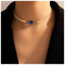 Boho Blue Sapphire Choker Necklace Gold Herringbone Chain Necklace Vintage Blue Gem Necklace Square Collar Necklace Chain Jewelry for Women and Gi...