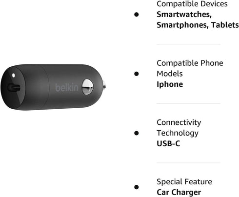 Belkin 20 Watt USB C Car Charger with Fast Charging for Apple iPhone 14, 13, iPad Pro, Samsung Galaxy S22 Ultra & More (Cable Not Included) - Blac...