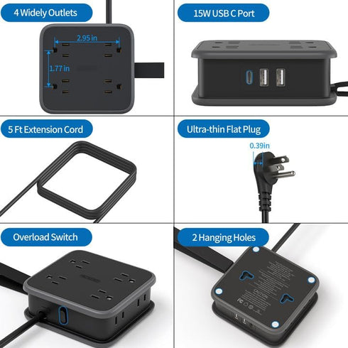 NTONPOWER Flat Plug Power Strip - 5 ft Extension Cord with Multiple Outlets, 8 Widely Outlets with 3 USB (1 USB C), 3 Side Outlet Extender, Overlo...