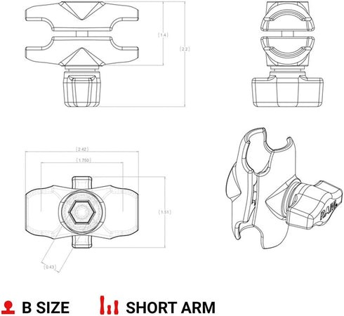 RAM Mounts RAP-B-201U-A Composite Double Socket Arm - Short Arm Compatible with B Size 1" Ball Components...