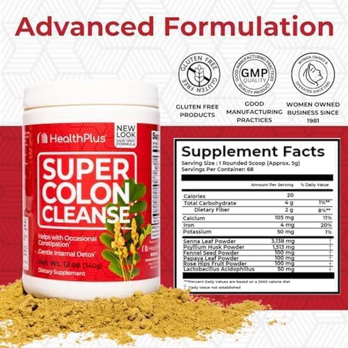 Health Plus Super Colon Cleanse, 12 oz Powder, 68 Servings - Natural Detox, Digestive Constipation Relief, Gentle Gut Cleanse with Psyllium Husk &...