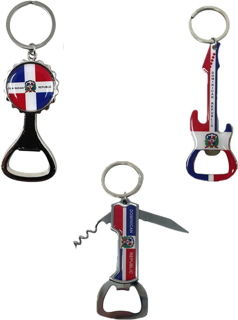 8 Pack Dominican Republic Country Metal Keychain, 5 Bottle Opener, T-shirt, Flag, Beer Can, Heart-Key Design, Souvenir Keychains, Gift, Bulk...