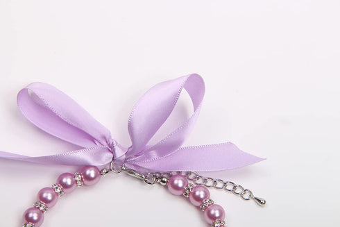 Dog Cat Pearls Necklace Collar with Bling Accessories and Ribbon Bow Pet Puppy Jewelry for Female Dogs Cats Small Medium (M, Purple)...