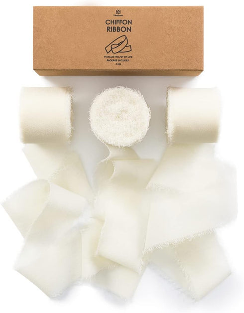 Vitalizart 3 Rolls Handmade Fringe Chiffon Silk Ribbon 1.5" x 7Yd Cream White Ribbons Set for Gift Wrapping Wedding Invitations Bridal Shower Bouq...