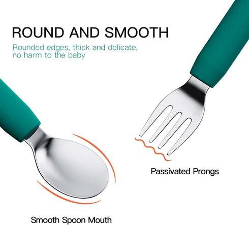 Baby Forks and Spoons Set Baby Training Utensils Self Feeding Toddler Silverware Silicone and Stainless Steel Kids and Toddler Utensil (Green Dino...
