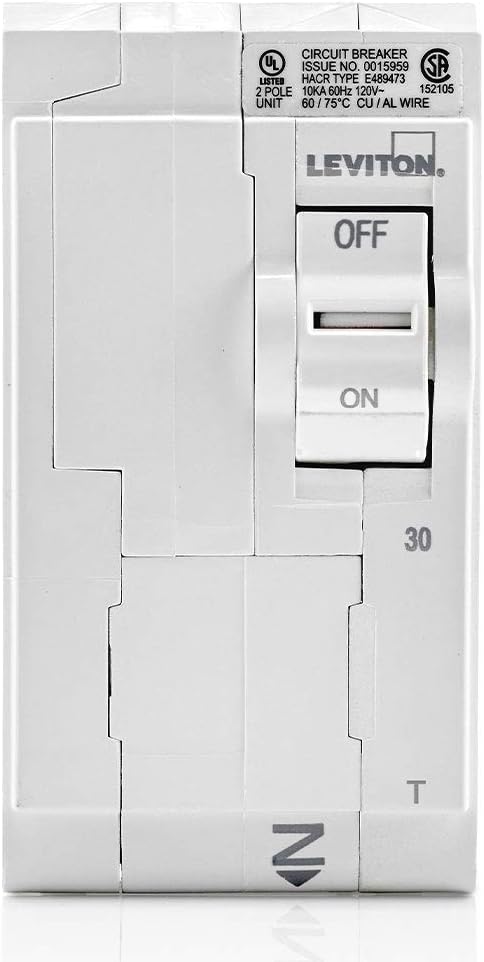 Leviton LB230-T 30A 2-Pole Plug-On Standard Branch Circuit Breaker, Thermal Magnetic, 120/240 VAC, White...