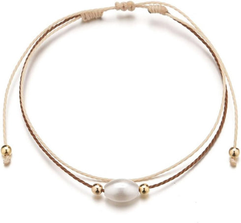 Bohemian Layered Pearl Anklet for Women Oval Pearl Ankle Bracelets Brown Woven Rope Anklets Chain Bracelet Gold Bead Anklets Summer Beach Anklet F...