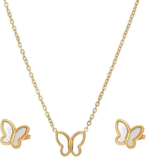 Gold Dianty Butterfly Pendant Necklace Earrings Set for Women Gold Chain Boho Beach Simple Necklace Stud Earrings Minimalist Charm Jewelry Cute Bu...