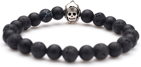 Death Skull Charm with Black Matte Onyx and Lava Stone 8mm Beads Stretch Bracelet, Lava Rock Aromatherapy Essential Oil Diffuser Bracelet for Stre...