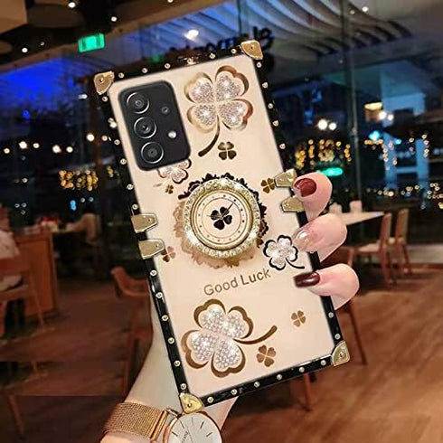 for Samsung Galaxy S21 Ultra Bling Case Fashion Square Bling Diamond Glitter Soft Trunk Cover with Ring Holder Kickstand Phone Skin,Gold...