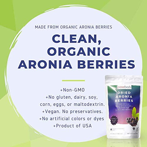 powbab Dried Aronia Berries from 100% USA Grown Organic Aronia Chokeberry. No Added Sugar. Not Freeze Dried, Not Frozen. Made in USA Whole Black C...