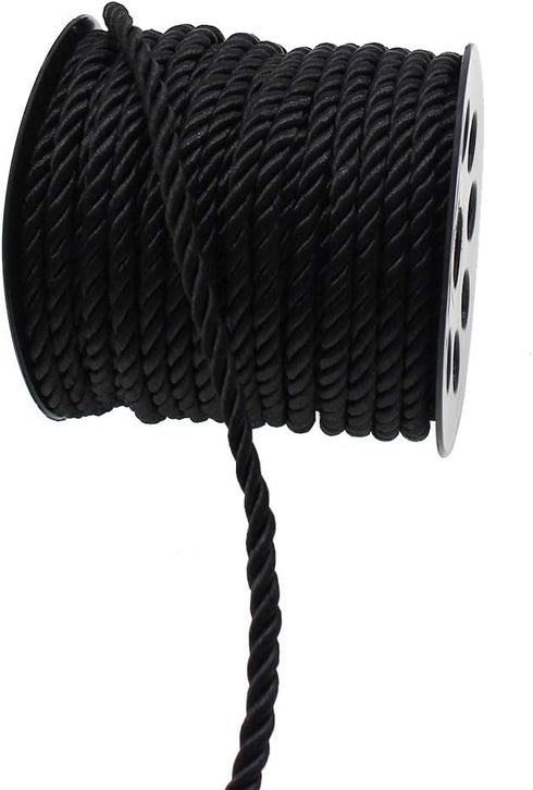 Black Satin Twisted Cord 5mm for Jewelry Making - 20 Yards Decorative Braided Polyester Twine Rope String - Shiny Thick Thread for Choker Cords an...