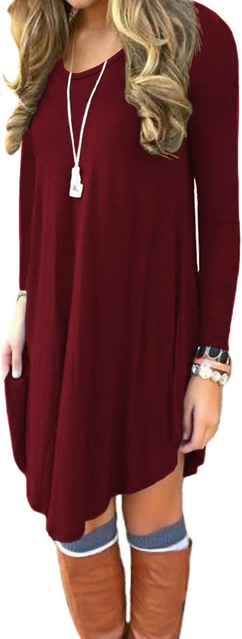 DEARCASE Women's T-Shirt Dress Wine Red Large Crewneck Spring Casual Loose Long Sleeve Fall Wedding Guest Knee Length Jersey Flowy Stretch Solid A...