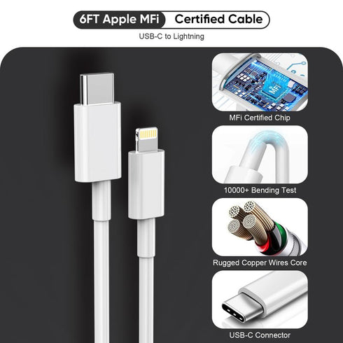 38W Apple Watch Car Charger,Long 6FT PD&QC3.0 Dual Port Apple Car Charger Adapter 6Foot USB-C to Lightning Cable+Apple Watch Cord Fast Charging fo...