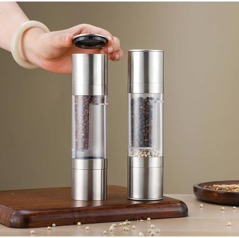Salt and Pepper mills Grinder 2 in 1 Manual Stainless Steel Salt pulverizer kibbler Mill Herb Spice Grinder Shakers Refillable clean Adjustable Co...