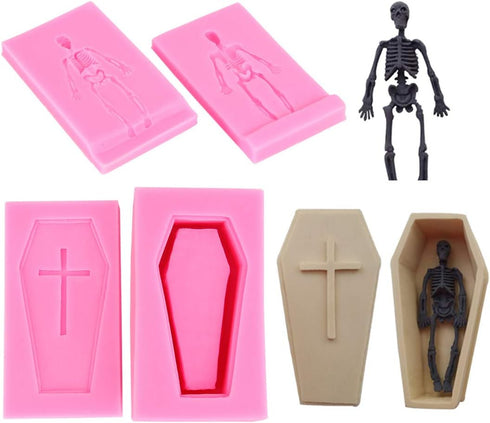 4Pcs/Set 3D Coffin with Cross & Skull Skeleton Fondant Molds, Halloween Theme Silicone Chocolate Gum Paste Mould, Halloween Cake Topper Decorating...