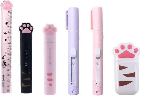 Cat Claw Stationery Set -2 Double Ended Dual Purpose Cutting Art Knives, 2 Stainless Steel Hand Scissors,1Pcs 15cm Cat Claw Ruler,1 Cat Claw Corre...