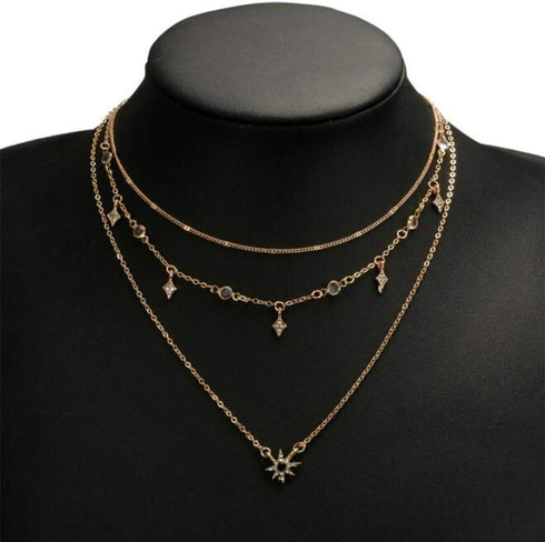 Bohemia Layered Choker Necklace Star Necklace Crystal Choker Diamond Star Charm Pendant Necklace Multi-layered Station Chain for Women...